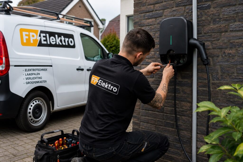 Monteur van FP Elektro installeert een laadpaal, met bedrijfsbus op de achtergrond